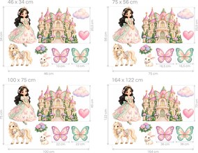 Motýlia princezná a zámok pastelové rozprávkové nálepky na stenu pre malé princezné arch 46 x 34 cm