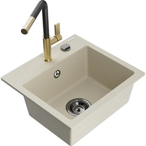 Mexen Milo, 1-komorový granitový drez 435x410x171 mm a drezová batéria Flora, béžová, 6505-69-670401-57-B