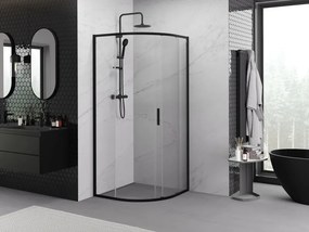 Mexen Exo, štvrťkruhový sprchovací kút s posuvnými dverami 90 x 90 cm, 6mm číre sklo, čierny profil, 8131-090-090-70-00