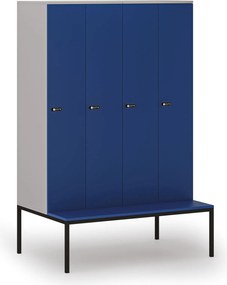 Drevená šatníková skrinka S4 s lavičkou, 4 oddiely, 1871 x 1200 x 500/800 mm, demont, mechanický kódový zámok, sivá / modrá