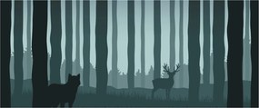 Obraz - Jeleň s vlkom v skalách (120x50 cm)