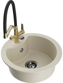 Mexen Diego, 1-komorový granitový drez 488x488x167 mm a drezová batéria Duo, béžová, 6512-69-671701-57-B