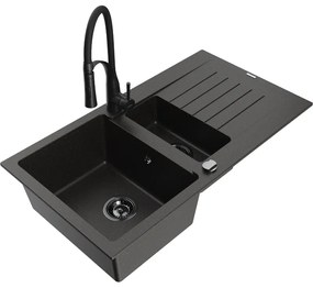 Mexen Matias, granitový drez 900x505x200 mm, 1,5-komorový a drezová batéria Aster, čierna-zlatá metalíza, 6502-75-73450-70-B