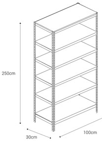 Bezskrutkový kovový regál 250x100x30cm L profil, 6 políc