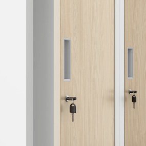 Kovová šatňová štvormodulová skriňa na sokli s policou KACPER, 800 x 1800 x 500 mm, Eco Design: biela/ dub sonoma