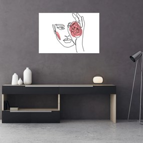 Obraz - Line art tvár s ružou (90x60 cm)