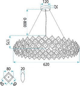 Toolight Toolight, krištáľová závesná lampa, Ø60 cm, 6×E14, SWE094-CP, zlatá lesklá, OSW-30218