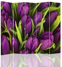 Ozdobný paraván Fialové tulipány - 180x170 cm, päťdielny, obojstranný paraván 360°
