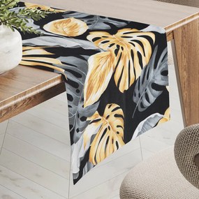 Biante Bavlnený behúň na stôl Sandra SA-228 Sivé a zlaté tropické listy na čiernom 20x180 cm
