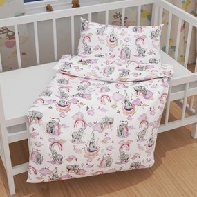 Biante Detské bavlnené posteľné obliečky do postieľky Sandra SA-464 Slony s fialovou dúhou na bielom Do postieľky 90x120 a 40x60 cm