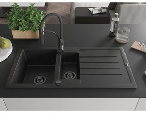 Mexen Andres, 1,5-komorový granitový drez 1000x500x200 mm a drezová batéria Aster, čierna, 6515-77-73450-70-B