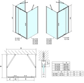 Polysan EASY, 3-stenový sprchový kút 800-900x900mm, pivot dvere L/P varianta, sklo Brick, EL1638EL3338EL3338