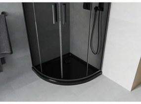 Mexen Rio, štvrťkruhový sprchovací kút s posuvnými dverami 90(dvere) x 90(dvere) x 190 cm, 6mm šedé sklo, čierny profil + čierna sprchová vanička Slim, 863-090-090-70-40-4170B