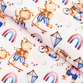 Biante Detský bavlnený behúň na stôl Sandra SA-521 Modro-červení psíkovia s autami na bielom 35x180 cm