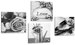 Set obrazov čiernobiele vintage zátišie s nápisom Love