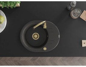 Mexen Kevin, granitový drez 586x458x190 mm, 1-komorový, čierna škvrnitá so zlatým sifónom, 6517581005-76-G