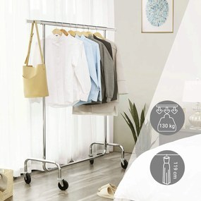 Kovový stojan na šaty, s kolieskami, s vysokou nosnosťou 130 kg, strieborná farba