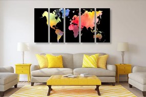 5-dielny obraz mapa sveta v akvarelovom prevedení na čiernom pozadí - 200x100