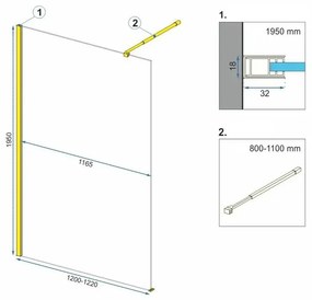 Rea Aero, sprchová zástena typu Walk-In 120cm, 8mm číre sklo, zlatý lesklý profil + polička a vešiak EVO, KPL-K8443