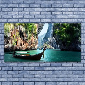 Obraz na akrylátovom skle Loď jazero skaly krajina 120x60 cm