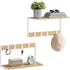 Nástenné plávajúce poličky 2 ks, s háčikmi, 50 x 24,2 x 26,5 cm, dub a biela