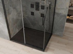Mexen Omega, sprchovací kút s posuvnými dverami 120 (dvere) x 80 (stena) cm, 8mm číre sklo, čierny profil + slim sprchová vanička čierna s čiernym sifónom, 825-120-080-70-00-4070B