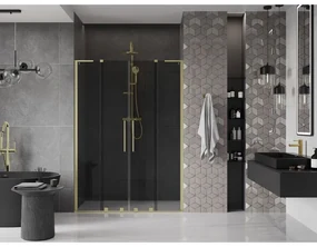 Mexen Velar L Duo, posuvné sprchové dvere do otvoru 150 cm, 8mm šedé sklo, zlatá matná, 871-150-003-42-55