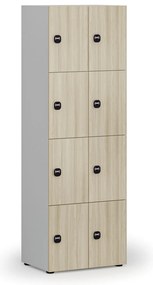 Drevená šatníková skrinka s úložnými boxmi, 8 boxov, RFID zámok, sivá/dub prírodný