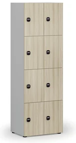 Drevená šatníková skrinka s úložnými boxmi, 8 boxov, RFID zámok, sivá/dub prírodný