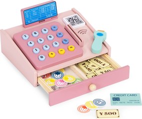 MULTISTORE Drevená pokladňa hračka pre deti so skenerom, čítačkou kariet, peniaze 3+