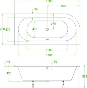 BPS-koupelny Akrylátová asymetrická vaňa na zabudovanie HYD-EBI160P-VEST 160x75 cm PRAVÁ, biela