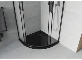 Mexen Rio, štvrťkruhový sprchovací kút s posuvnými dverami 80(dvere) x 80(dvere) x 190 cm, 6mm sklo námraza, čierny profil + čierna sprchová vanička SLIM, 863-080-080-70-30-4170B