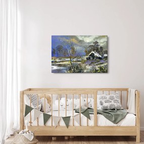 Obraz chalúpky v zimnej krajine, olejomaľba (90x60 cm)