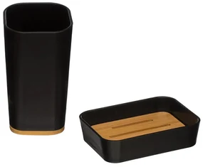 Sada kúpeľňových doplnkov Natureo Black, čierna/s drevenými prvkami