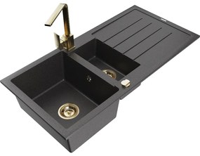 Mexen Andres, granitový drez 1000x500x200 mm, 1,5-komorový, čierna škvrnitá so zlatým sifónom a zlatá drezová batéria Rita, 6515-76-670300-50