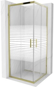 Mexen Rio, štvorcový sprchovací kút s posuvnými dverami 80(dvere) x 80(dvere) x 190 cm, 6mm číre sklo s pásikmi, zlatý profil, 860-080-080-50-20