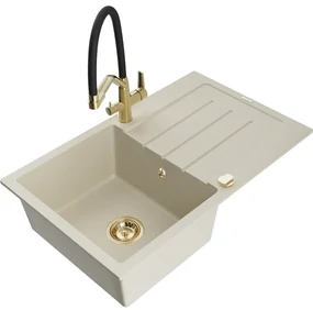 Mexen Bruno, 1-komorový granitový drez 795x495x200 mm a drezová batéria Duo, béžová, 6513-69-671701-57-G