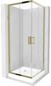 Mexen Rio, štvorcový sprchovací kút s posuvnými dverami 70(dvere) x 70(dvere) x 190 cm, 6mm číre sklo, zlatý profil + Rio sprchová vanička s chrómovým sifónom, 860-070-070-50-00-4510