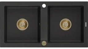 Mexen Mario, granitový drez 820x436x161 mm, 2-komorový, čierna-zlatá metalíza so zlatým sifónom, 6504822000-75-G