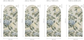 Modré hortenzie v oblúku romantická kvetinová nálepka na stenu do obývačky oblúk 20 x 46 cm