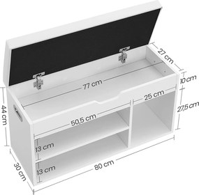 Lavica na topánky s poduškou a 3 priehradkami, biela