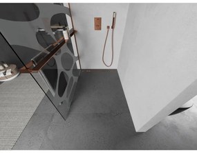 Mexen Kioto+ L, sprchová zástena Walk-In s poličkou a vešiakom 120 x 200 cm, 8mm číre sklo biely vzor, ružové zlato profil, 800-120-123-60-97