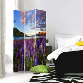 Ozdobný paraván Levandulové jezero Květiny - 110x170 cm, trojdielny, obojstranný paraván 360°
