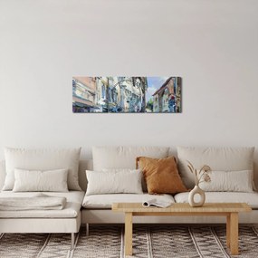 Obraz - Ulička starého mesta, akrylová maľba (s hodinami) (90x30 cm)