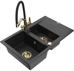 Mexen Gaspar, granitový drez 737x475x177 mm, 1,5-komorový a drezová batéria Duo, čierna-strieborná metalíza, 6507-73-671701-57-G