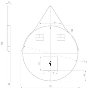 Sapho Sapho, ORBITER guľaté zrkadlo s LED osvetlením, kožený popruh, ø 70cm, čierna matná, ORL070