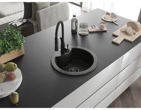 Mexen Diego, 1-komorový granitový drez 488x488x167 mm a drezová batéria Aster, čierna-zlatá metalíza, 6512-75-73450-70-B