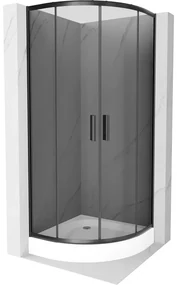 Mexen Rio, štvrťkruhový sprchovací kút s posuvnými dverami 70(dvere) x 70(dvere) x 190 cm, 6mm šedé sklo, čierny profil + biela sprchová vanička RIO, 863-070-070-70-40-4710