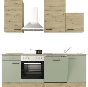 Kuchynská linka so spotrebičmi Cara 220 cm farba čela zelená dub matná farba korpusu dub