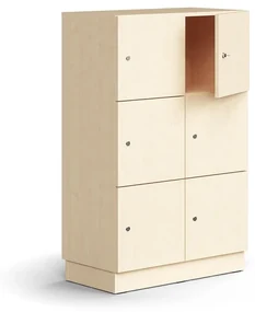 Priehradková skriňa QBUS, 6 uzamykateľných priehradiek, so soklom, 1252x800x420 mm, breza